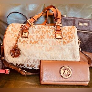 Michael Kors Brown Tan Canvas & Leather Grayson Medium Satchel & Wallet EUC